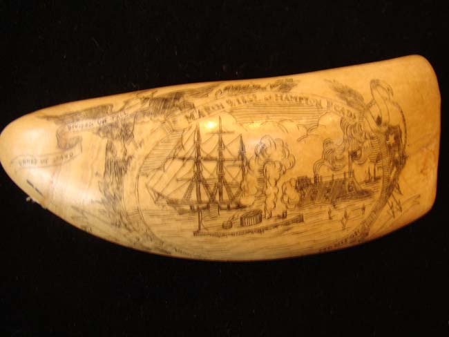 A fine late 19th or early 20th century scrimshawed whale's tooth with Civil War naval battle — image 6